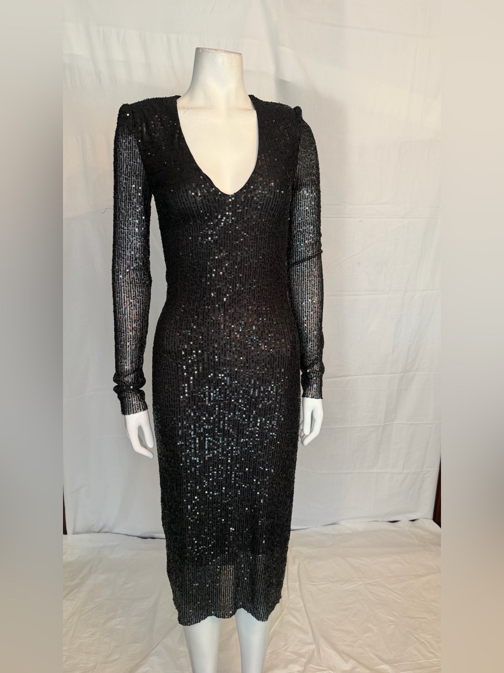 Black Sequin Long-Sleeve V-Neck Midi Dress